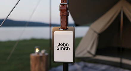 Close up of luggage tag with the name john smith hanging in front of a tent at a campsite near water