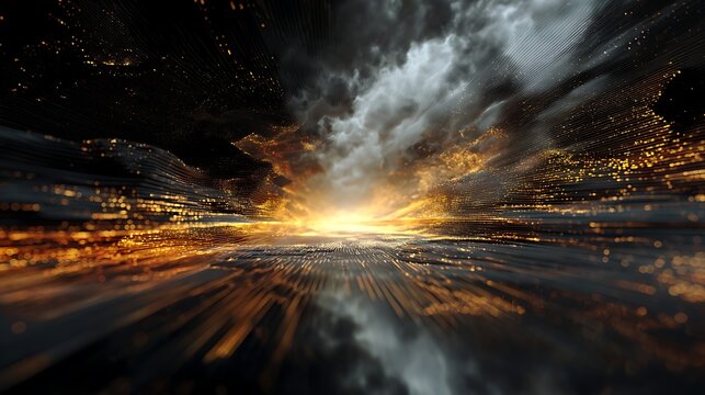 Abstract dark landscape with glowing horizon, digital art, futuristic, science fiction, technology, fantasy, and mysterious atmosphere