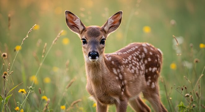 子鹿 黄昏の草原 柔らかな光 見つめる瞳 野生動物 (Kojika tasogare no sougen yawarakana hikari mitsumeru hitomi yaseidoubutsu) Translation: Fawn, evening grassland, soft light, gazing eyes, wild animal.. AI Generated