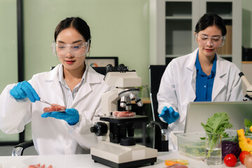 Microbiologists and nutrition experts analyze molecular samples in advanced food science labs.