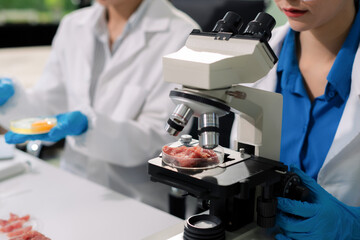 Microbiologists and nutrition experts analyze molecular samples in advanced food science labs.