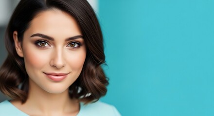 A beautiful young woman with brown wavy hair and expressive brown eyes smiles gently at the camera against a vibrant turquoise background.