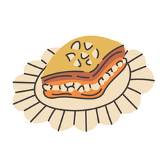 Baklava Traditional Dessert Hand Drawn Illustration. Sweet layered vector pastry from Maghrebi culture, honey nut treat, golden baked slice drawing for festive culinary and cultural projects.