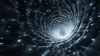 Abstract futuristic tunnel with glowing white lights, creating a sense of depth and technological advancement in a dark and mysterious space