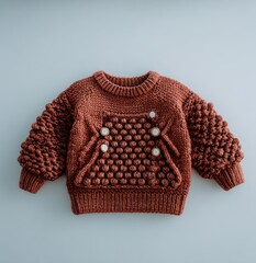 A chunky, terracotta-colored, child's sweater with textured, bubbled details
