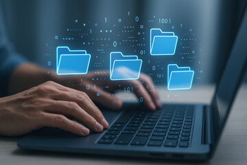 Obraz premium Digital file management concept with hands typing on laptop keyboard and folder icons