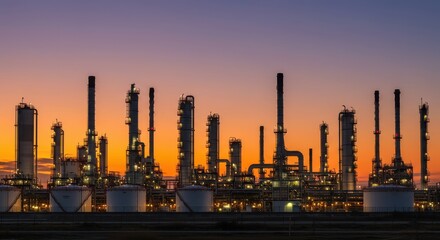 Obraz premium Industrial refinery complex at sunset, showcasing tall structures and illuminated tanks.