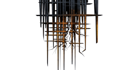 Robust, thick, angular etched lines in charcoal and rusted ochre form a fractured grid deconstructing vertically on transparent, concept of industrial entropy