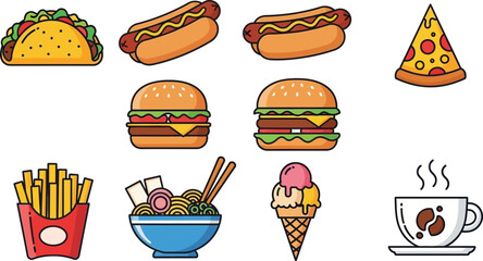 Vibrant collection of popular fast food and comfort food illustrations
