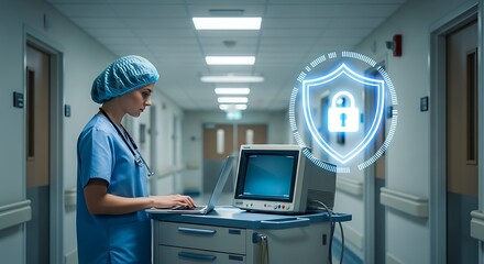 Medical security futuristic shield icon over patient monitor with surgeon in hospital hallway