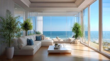 Fototapeta premium Coastal Living Room Design, Ocean View, Modern Interior