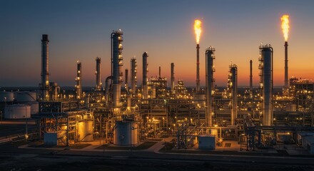 Fototapeta premium A vast industrial complex, illuminated at twilight, showcasing the extensive network of pipelines, tanks, and structures of a modern oil refinery.