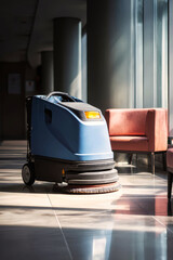 Cleaning machine in action brightens up an office building's int