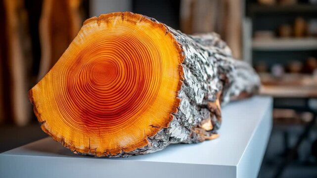 Cut log section with concentric rings displayed indoors