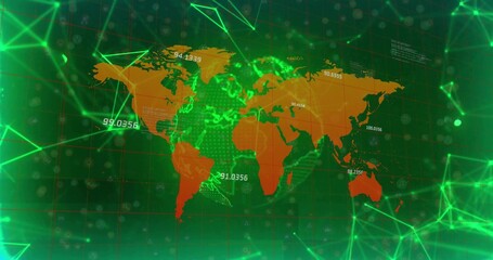Displaying orange world map overlay on virtual grid with green network lines and numerical labels
