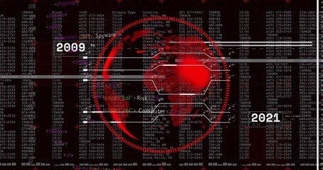 Globe glowing over schematic hex grid in security UI, scrolling code and glitch bars, year labels