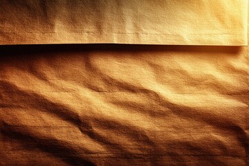 Close-up of two overlapping sheets of textured, light brown paper, with folds and creases.  Warm, golden-toned lighting highlights the surface