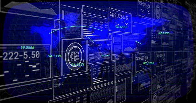 Displaying digital dashboard showcasing dynamic graphs on virtual interface with neon trend lines