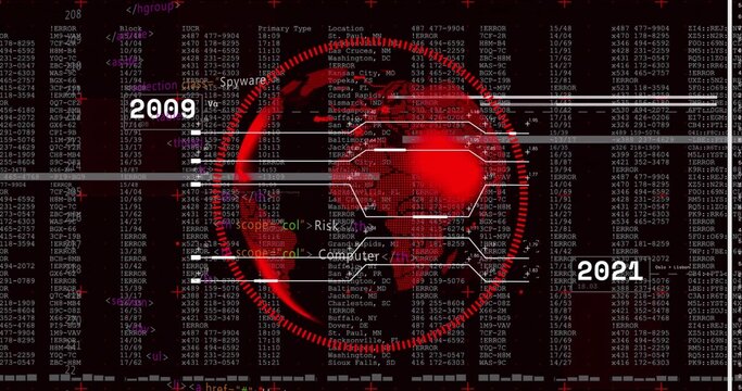 Globe glowing over schematic hex grid in security UI, scrolling code and glitch bars, year labels