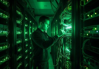 Man working with green glowing cables in data center server room technology