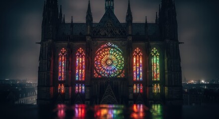 Gothic Cathedral at Night with Illuminated Stained Glass Windows