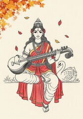Fototapeta premium Saraswati, hindu goddess of knowledge, music, art, wisdom, and learning, playing the veena
