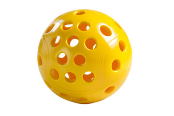 Close up of a yellow sphere with numerous holes.