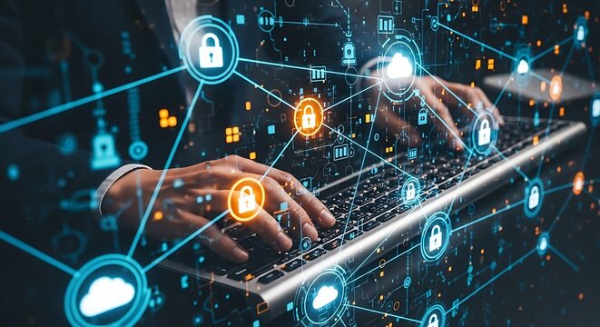 Modern digital network connecting people and data with glowing icons and human interaction