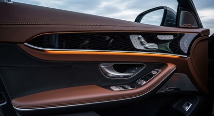 Obraz premium Luxury Car Interior Detail: Door Panel with Leather and Controls