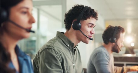 Business, call center and man with conversation, help desk or communication with tech support. People, consulting or employees with discussion, headset or customer service with feedback or contact us - Powered by Adobe