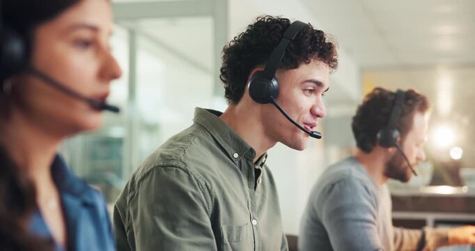 Business, call center and man with conversation, help desk or communication with tech support. People, consulting or employees with discussion, headset or customer service with feedback or contact us
