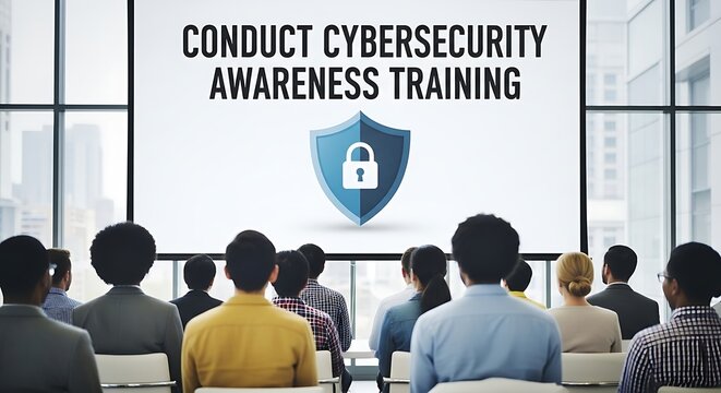 Conduct cybersecurity awareness training presentation with shield icon and audience