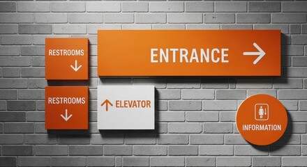 Fototapeta premium Directional Signs in Building, Entrance, Restrooms, Elevator, Information
