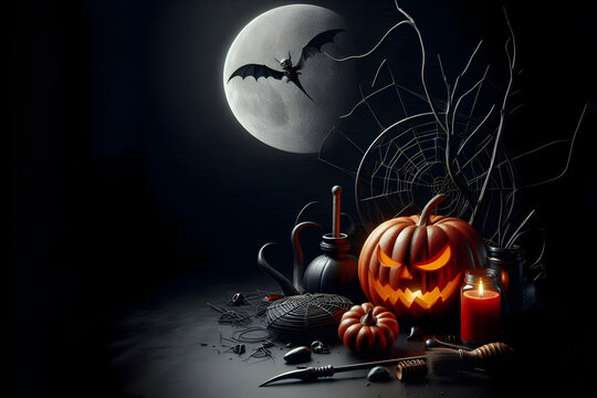 Halloween, zucca di Halloween in primo piano. Con atmosfera e ambientazione da film dell'orrore, di notte al tramonto.