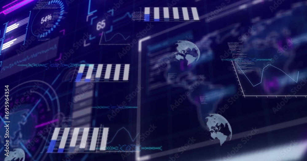 Wall mural showing data display on dark backdrop, featuring gauge, charts and graphs, globes, readouts, code