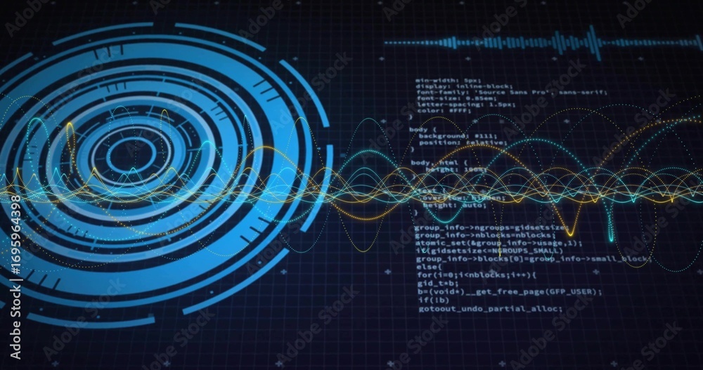 Wall mural displaying blue scanning graphic with multicolored waveforms and code text on interface, copy space