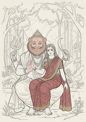 Fototapeta premium Lord hanuman and sita mata depicted in a traditional indian art style, seated together