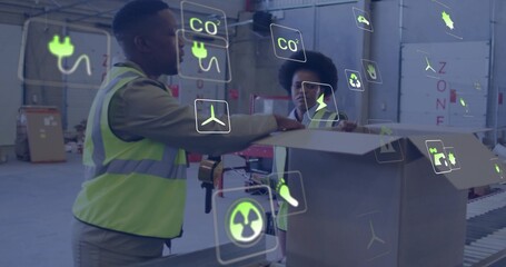 Vest-clad workers operating tape dispenser sealing box at warehouse conveyor, displaying eco icons