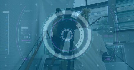 Displaying AR interface guiding coworkers ascending staircase on lab stairwell, with potted plant