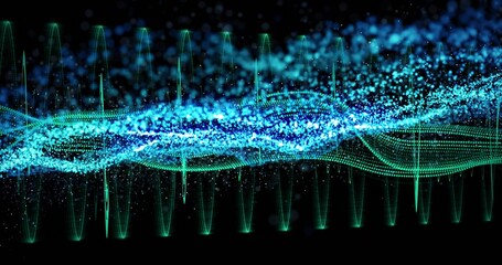 Displaying turquoise and blue dots undulating across dark virtual canvas, conveying flowing data