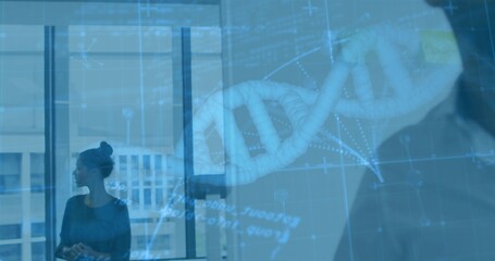 Scientist projecting holographic DNA helix in glass lab, data grid, city skyline, copy space