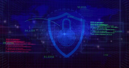 Displaying cybersecurity interface featuring shield fingerprint padlock motif, showing HUD overlays