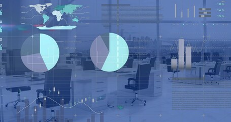Translucent visualizations covering open plan office, with desks, chairs, pie charts and world map