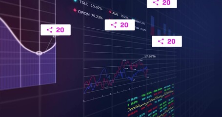 Displaying main financial line chart fluctuating on trading screen, with share icons, stock tickers
