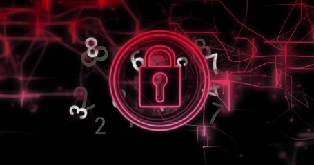 Neon red padlock glowing within rings in digital network, with circuit lines and floating numerals