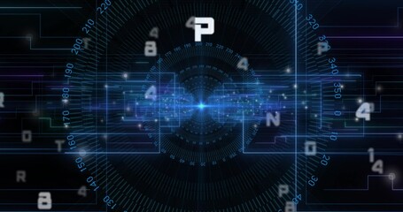 Pulsing central hub animating dashboard, with scale neonblue circuit lines floating characters