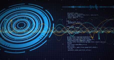 Displaying blue scanning graphic with multicolored waveforms and code text on interface, copy space