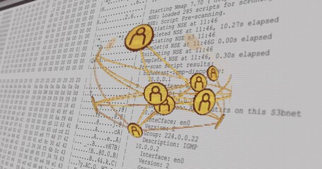 Floating golden network graph overlay on terminal in workspace, with Nmap hexadecimal data blocks