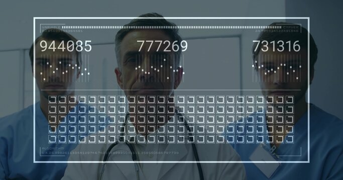Displaying medical staff wearing white coat viewing digital interface with numeric codes in clinic