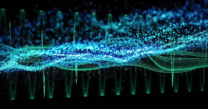 Displaying turquoise and blue dots undulating across dark virtual canvas, conveying flowing data - Powered by Adobe